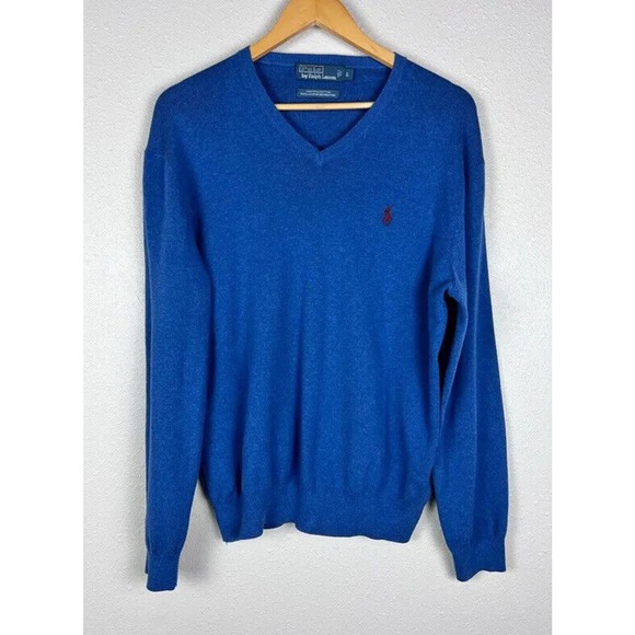 Polo Ralph Lauren Mens Large Blue Pima Cotton V-Neck Long Sleeve Sweater - Picture 2 of 6